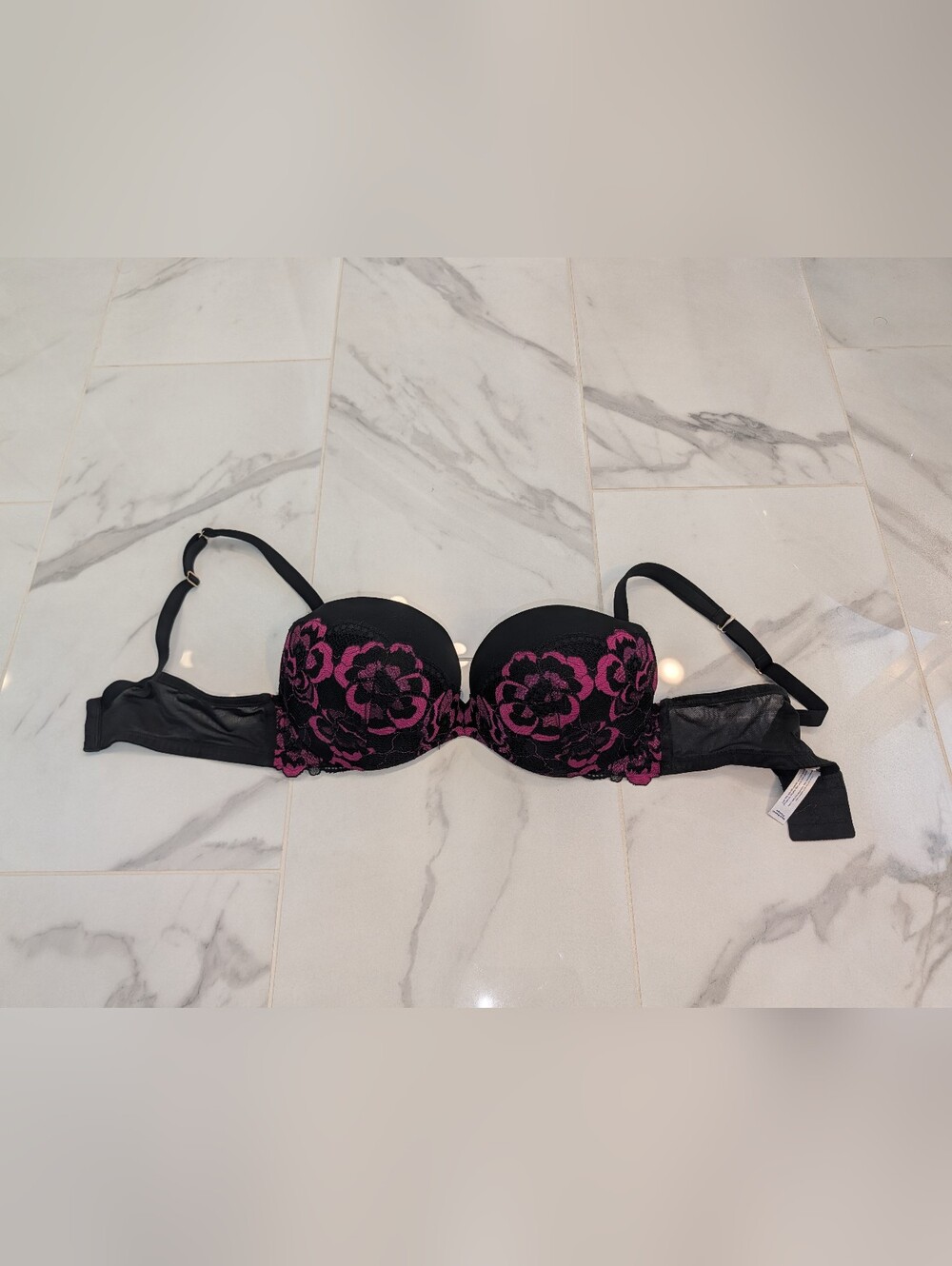 Cacique Black & Fuchsia Floral Lace Push-Up Bra